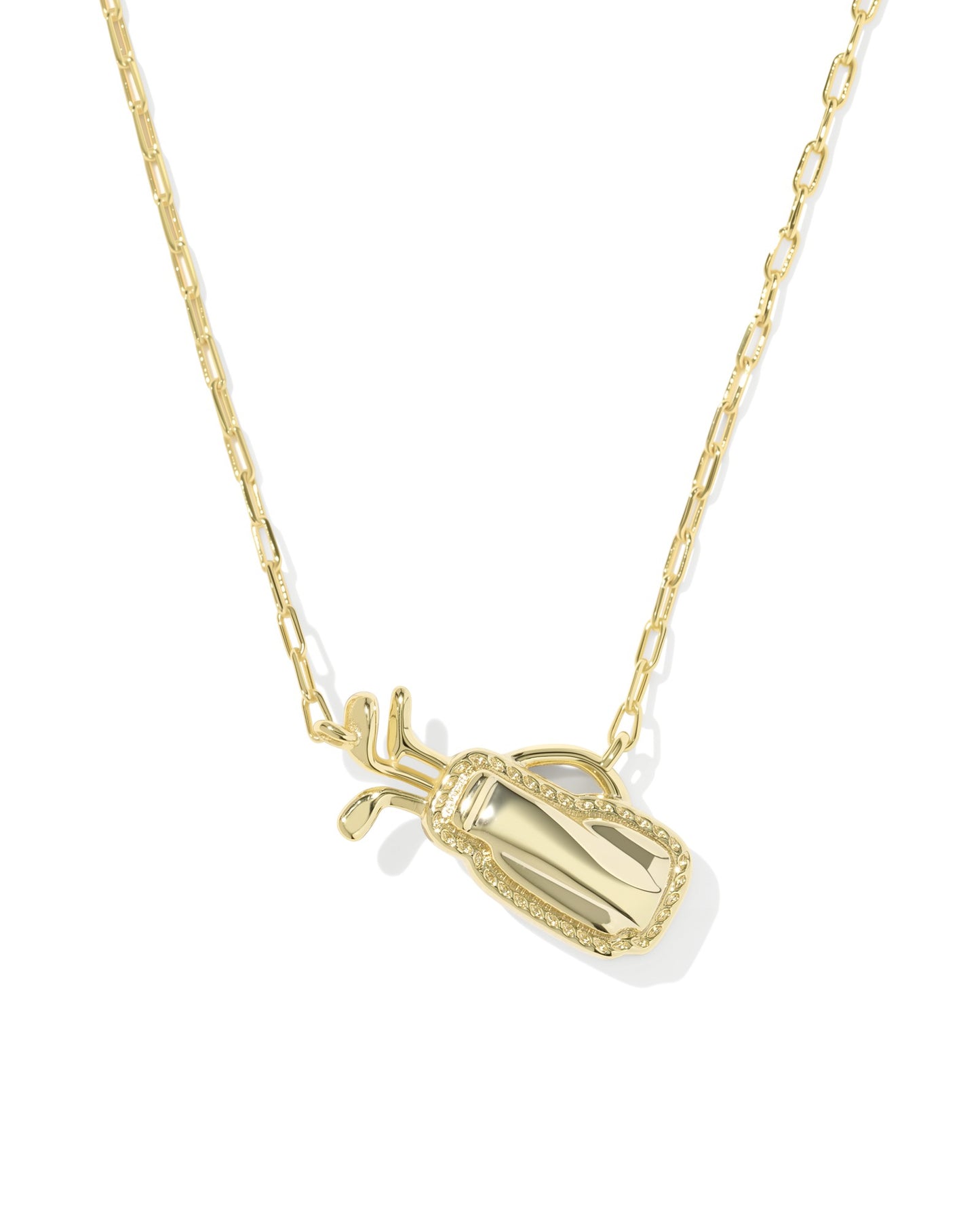 Gold Kendra Scott necklace with a golf bag pendant on a white background