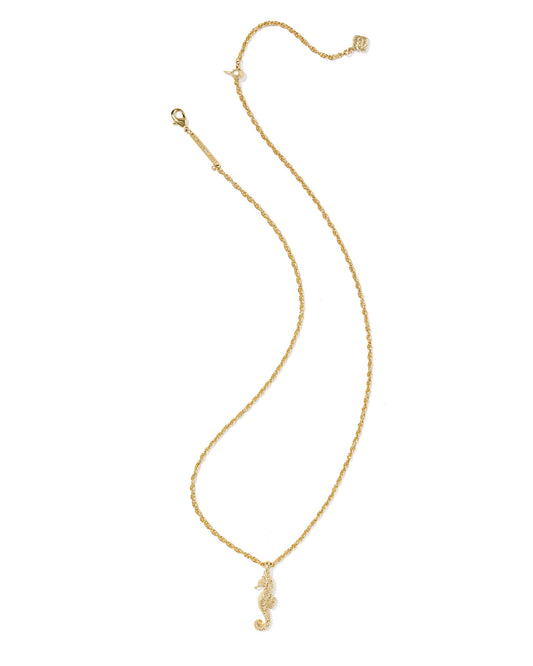 Gold necklace with a seahorse pendant on a white background
