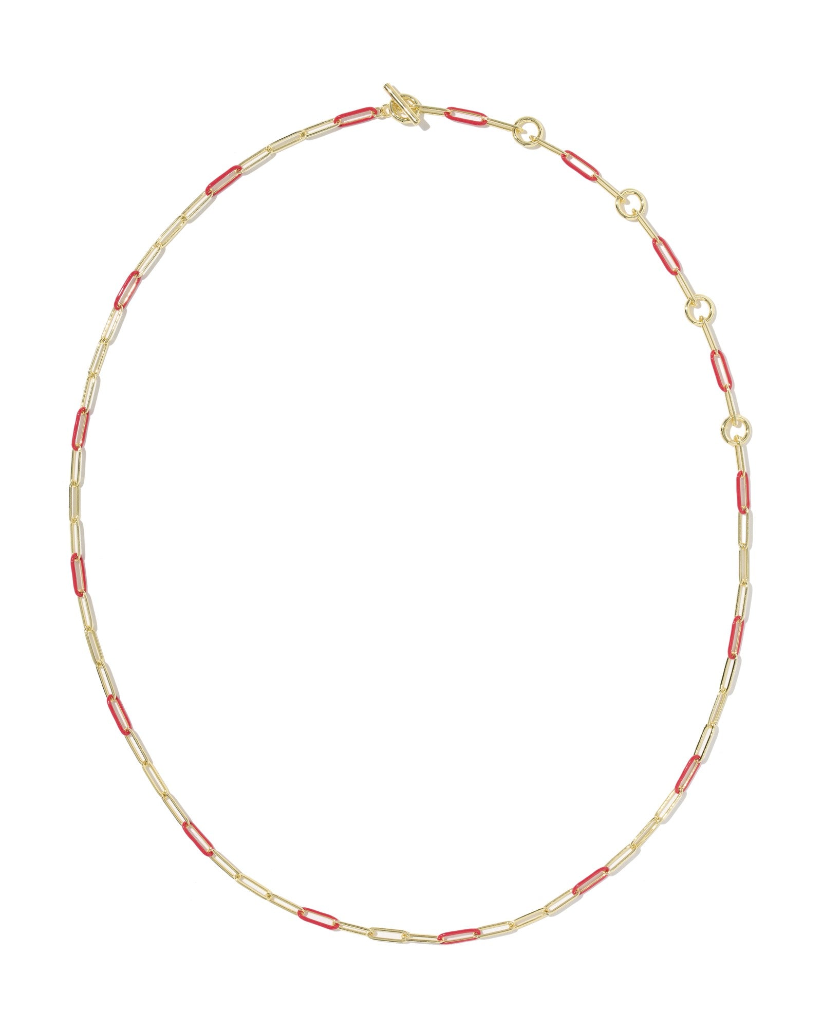 Gold chain with red and gold links on white background