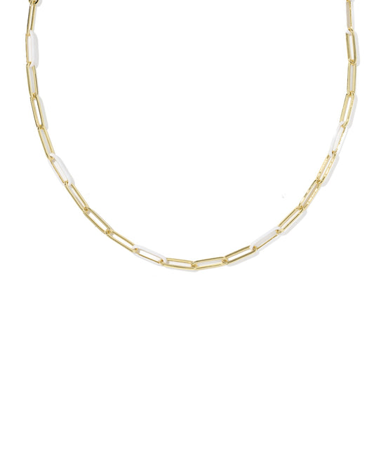 Gold chain with white and gold links on white background