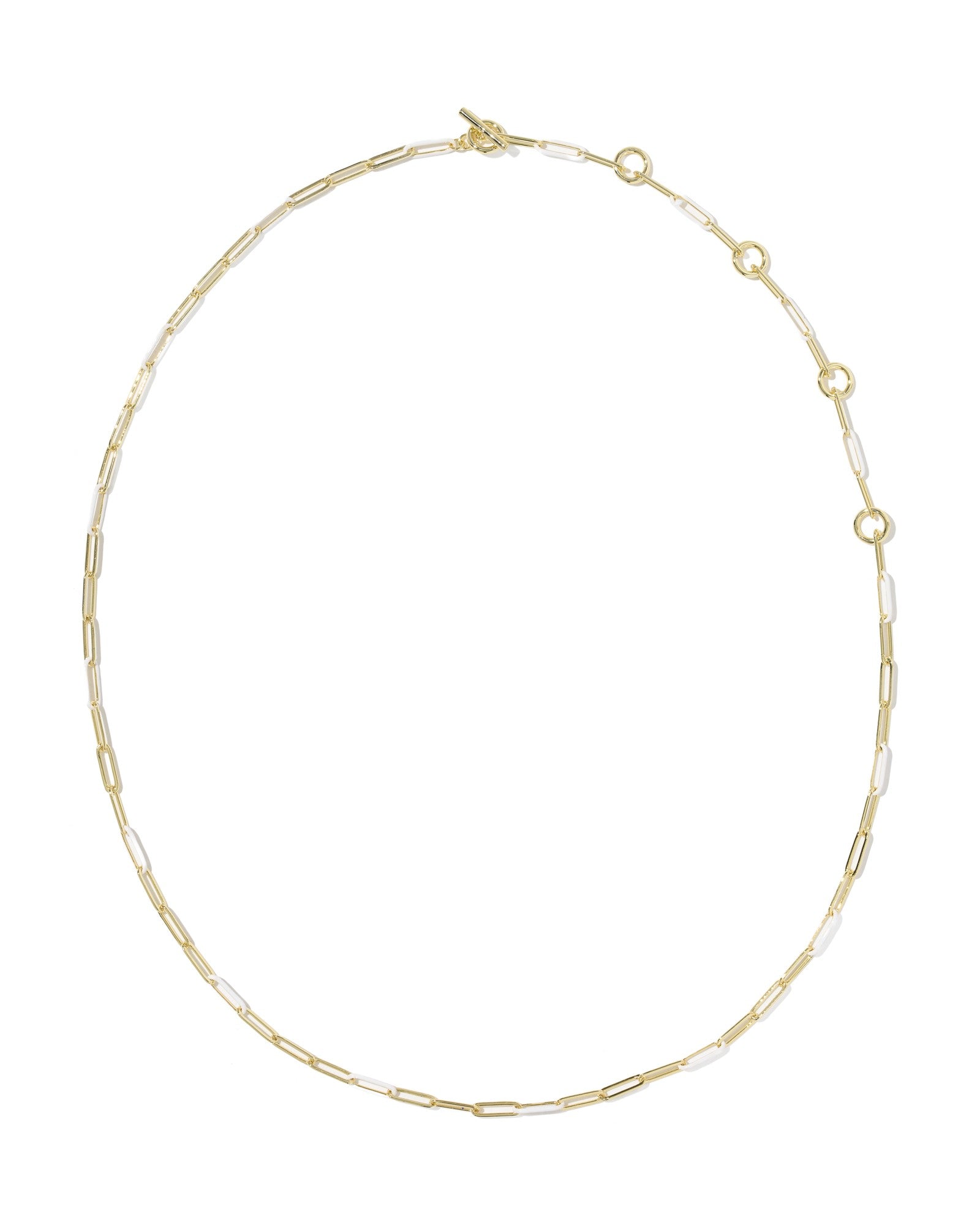 Gold chain with white and gold links on white background with clasps