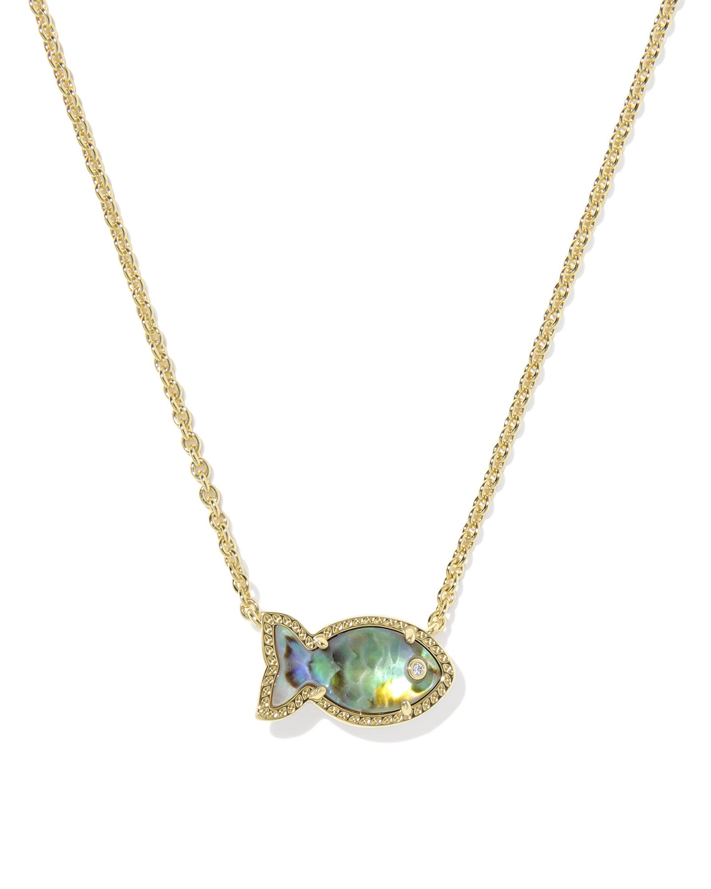 Kendra Scott Gold necklace with a fish-shaped pendant featuring a colorful gemstone on a white background