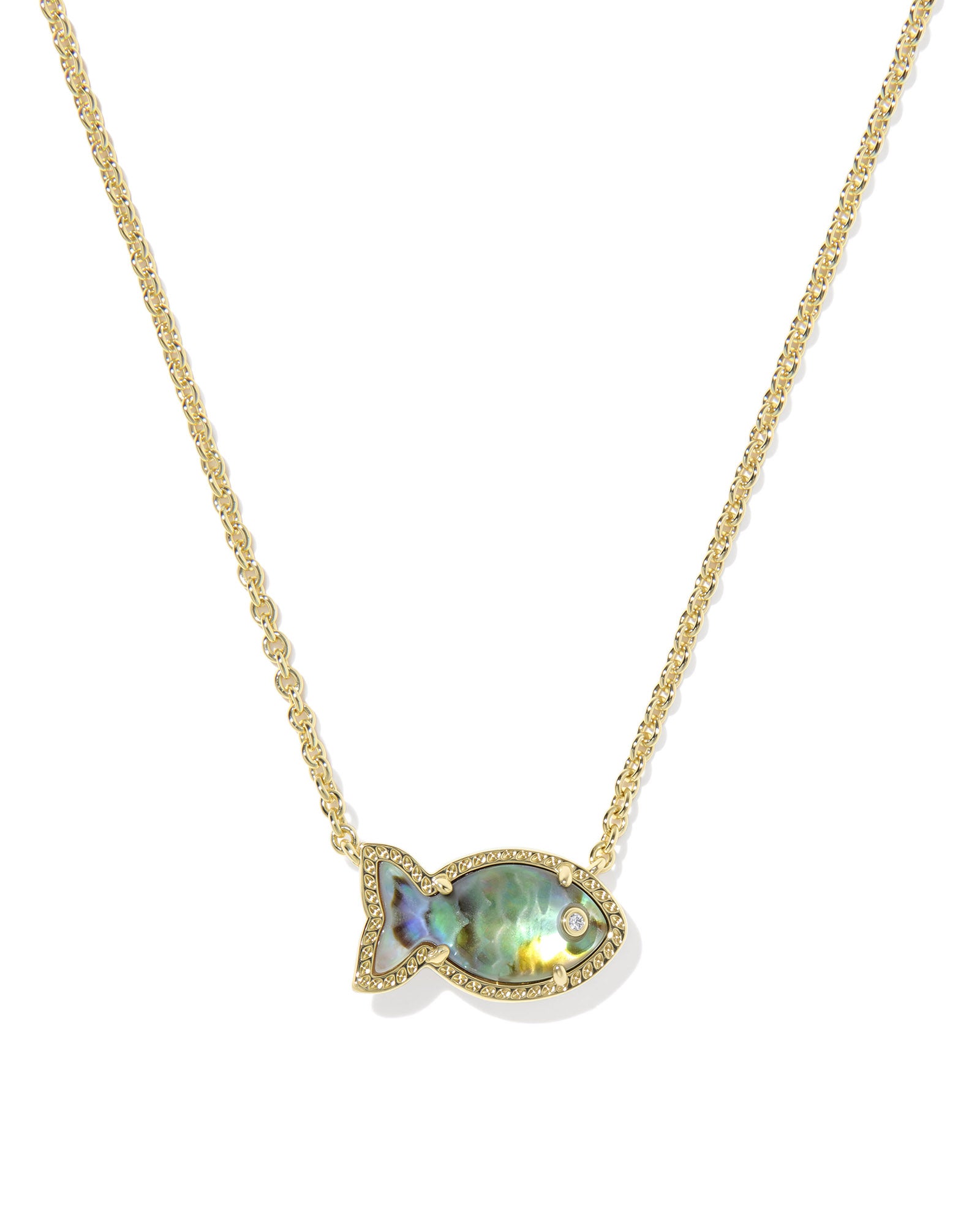 Kendra Scott Gold necklace with a fish-shaped pendant featuring a colorful gemstone on a white background