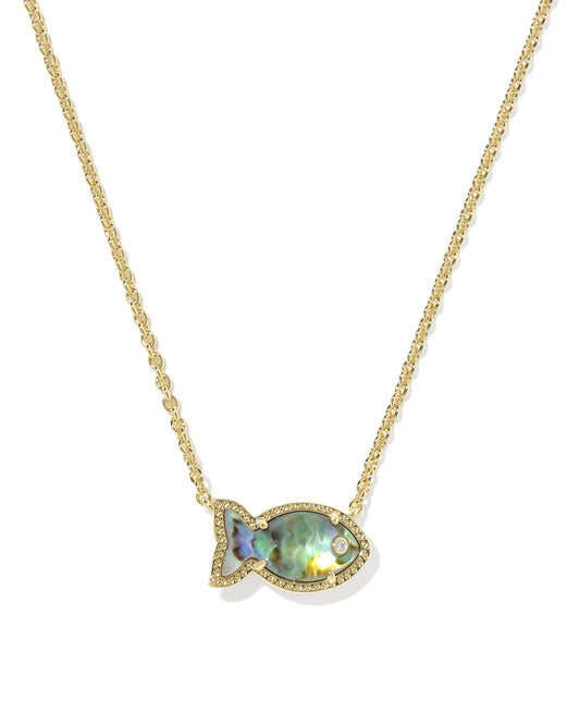 Kendra Scott Gold necklace with a fish-shaped pendant featuring a colorful gemstone on a white background