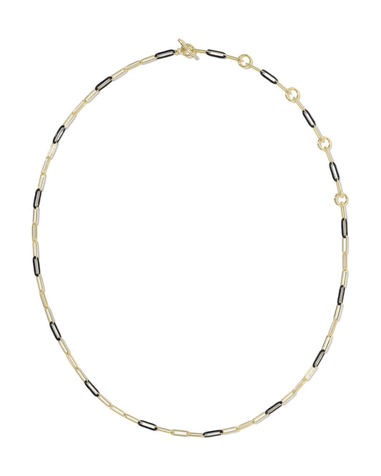 Gold chain with black and gold links on white background