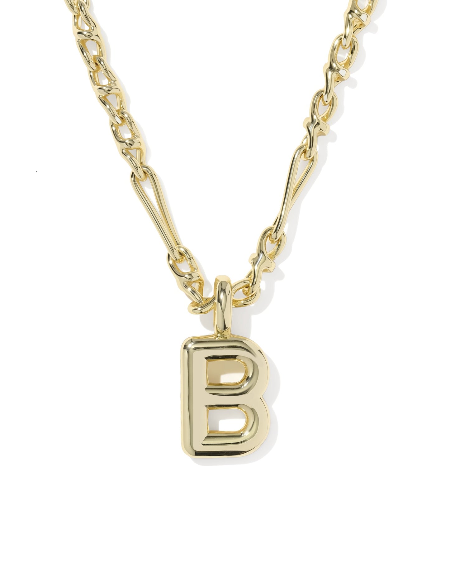 Gold necklace with a 'B' pendant on a white background
