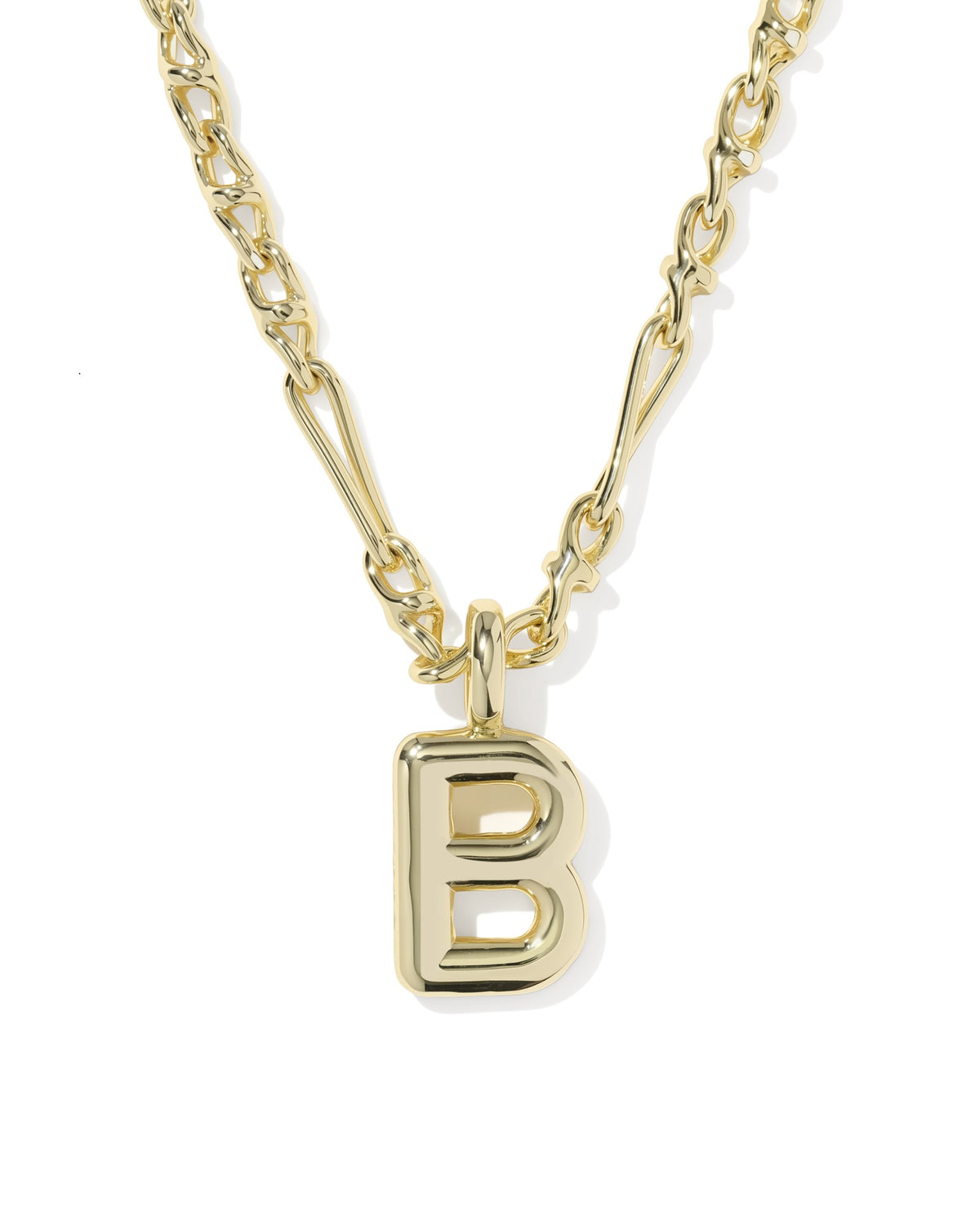 Gold necklace with a 'B' pendant on a white background
