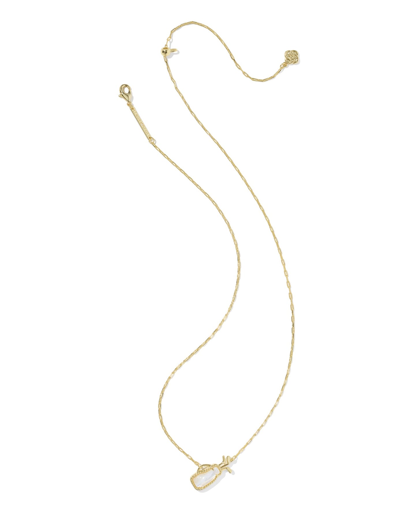 Gold Kendra Scott necklace with a golf bag pendant on a white background