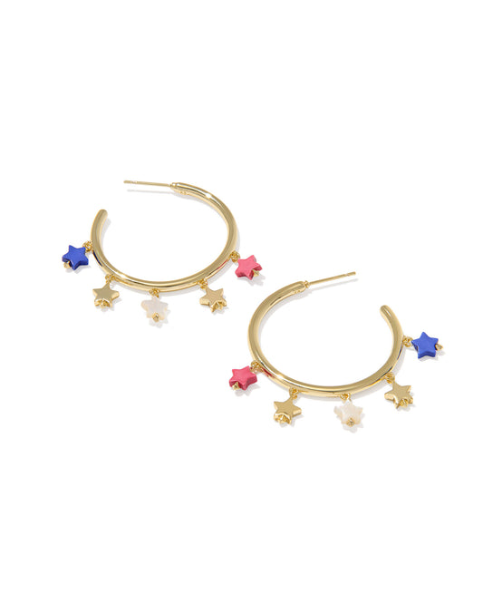 gold hoop earring with dangling red white and blue stars on white background 