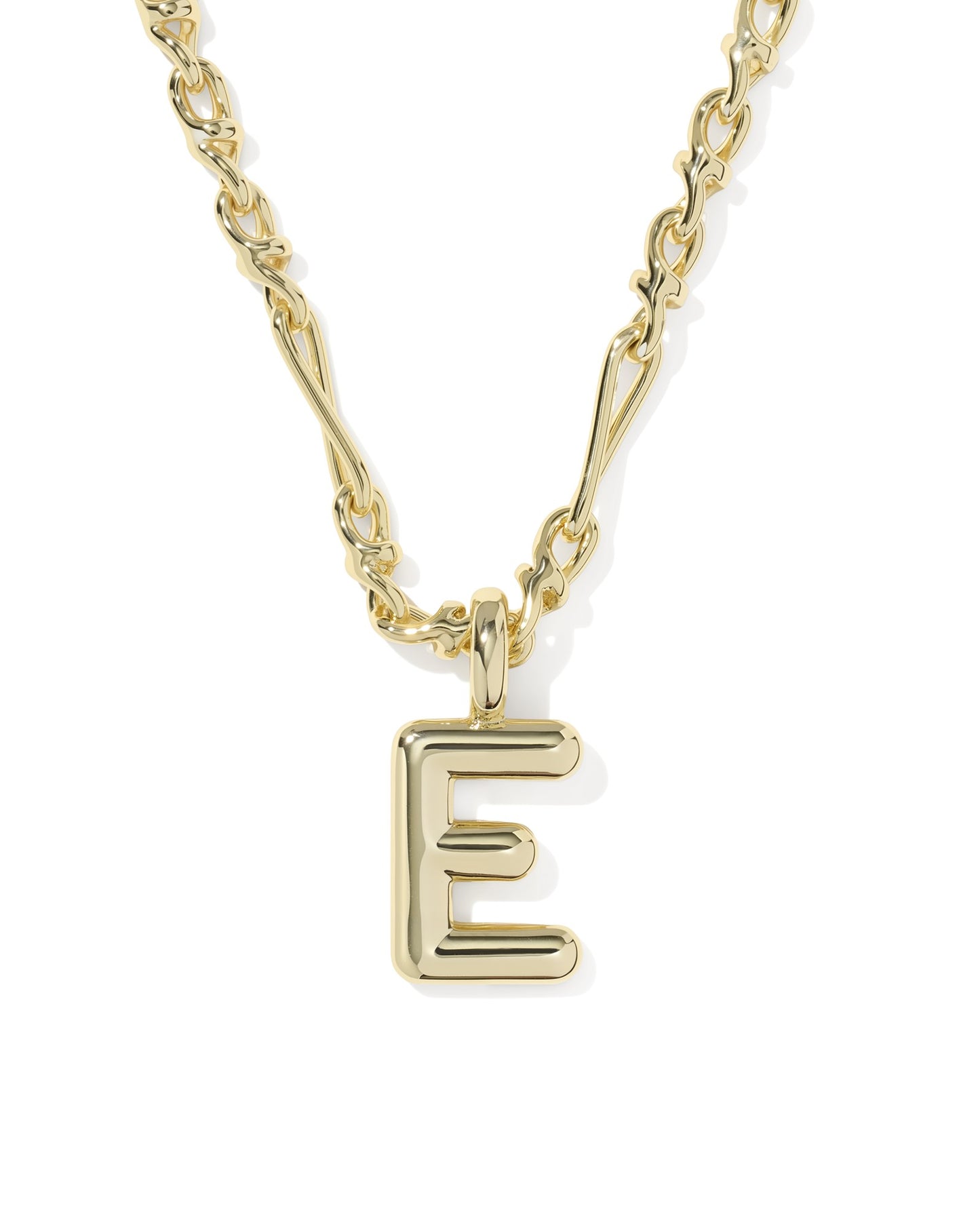 Gold necklace with a 'E' pendant on a white background