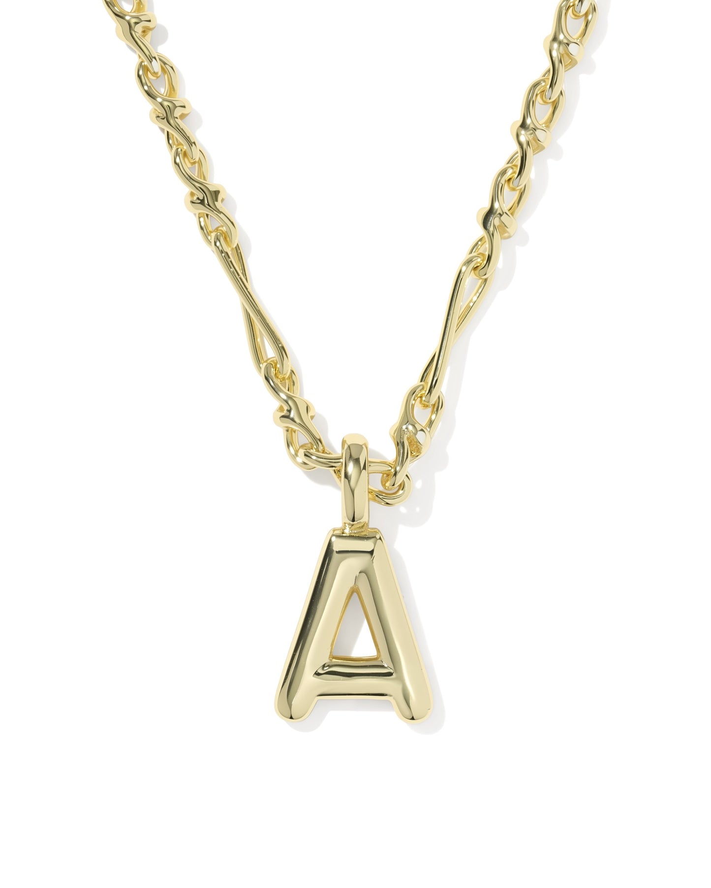 Gold necklace with a letter 'A' pendant on a white background