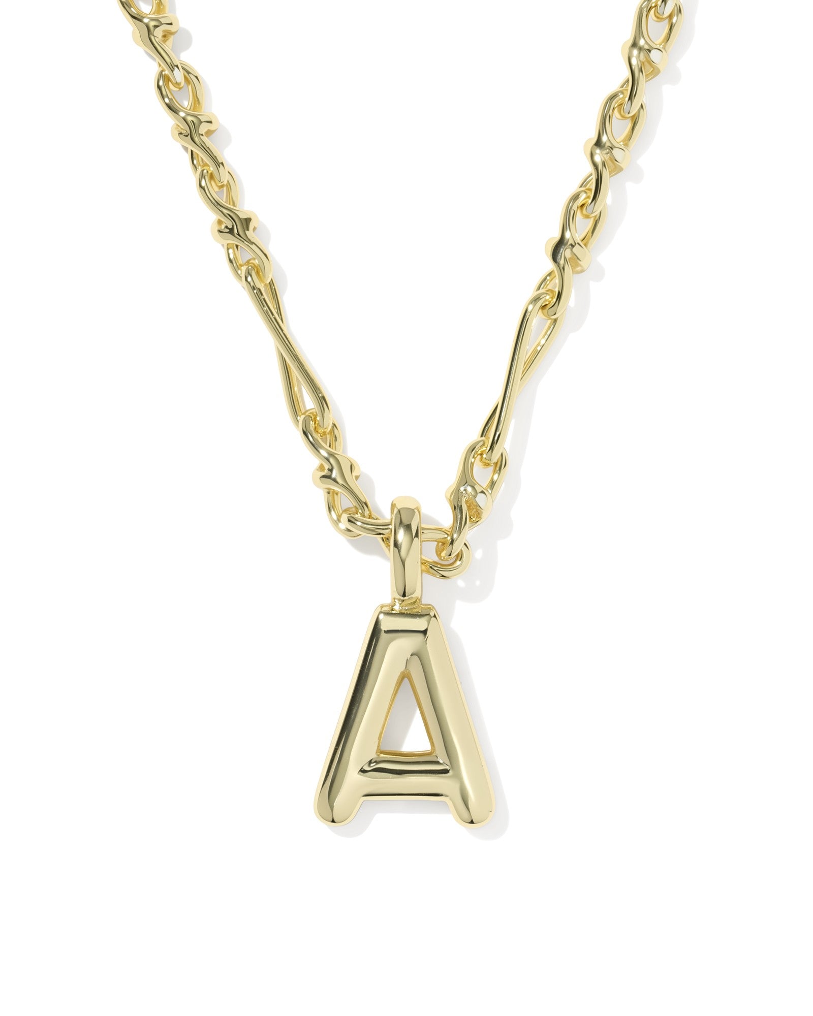 Gold necklace with a letter 'A' pendant on a white background