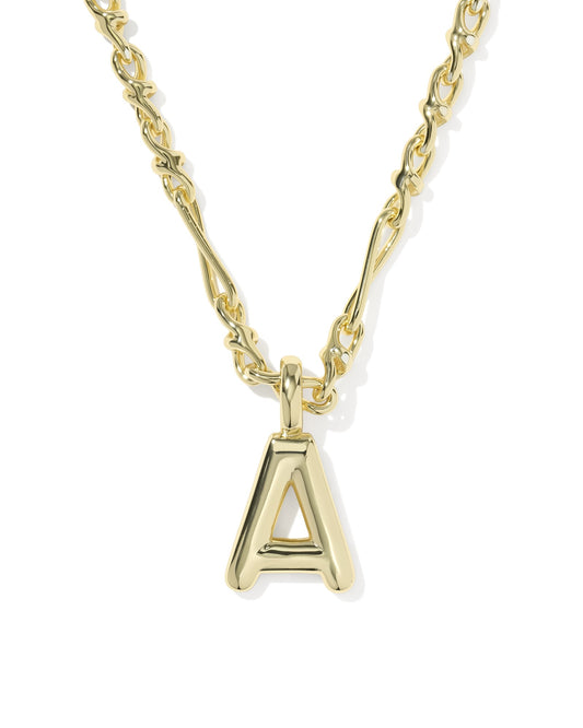 Gold necklace with a letter 'A' pendant on a white background