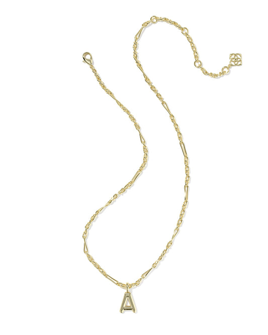 Gold necklace with a small 'A' pendant on a white background