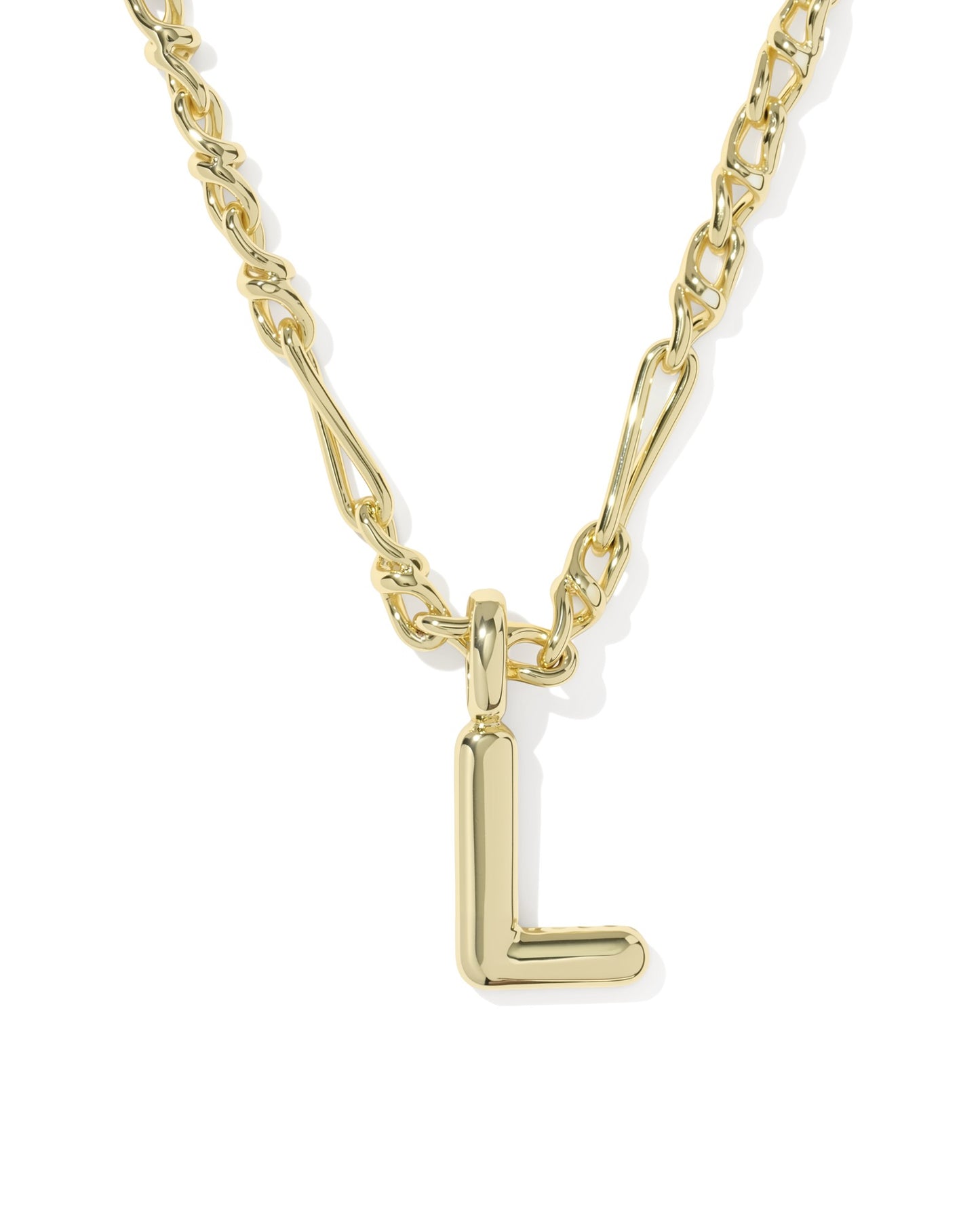 Gold necklace with a letter 'L' pendant on a white background