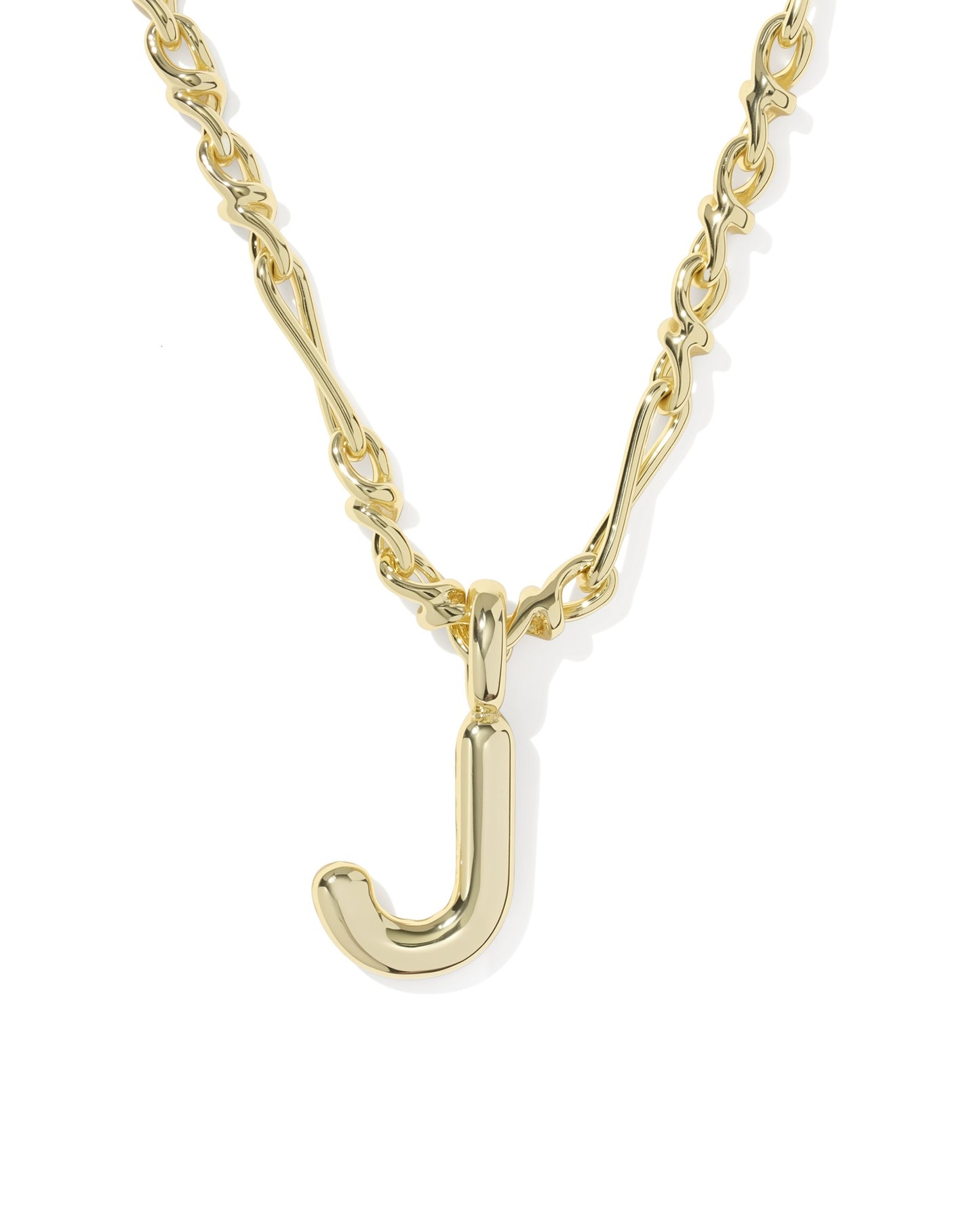 Gold necklace with a 'J' pendant on a white background