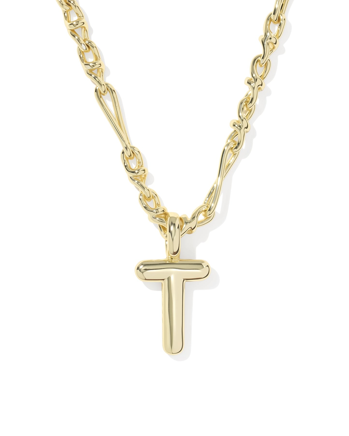 Gold necklace with a letter 'T' pendant on a white background