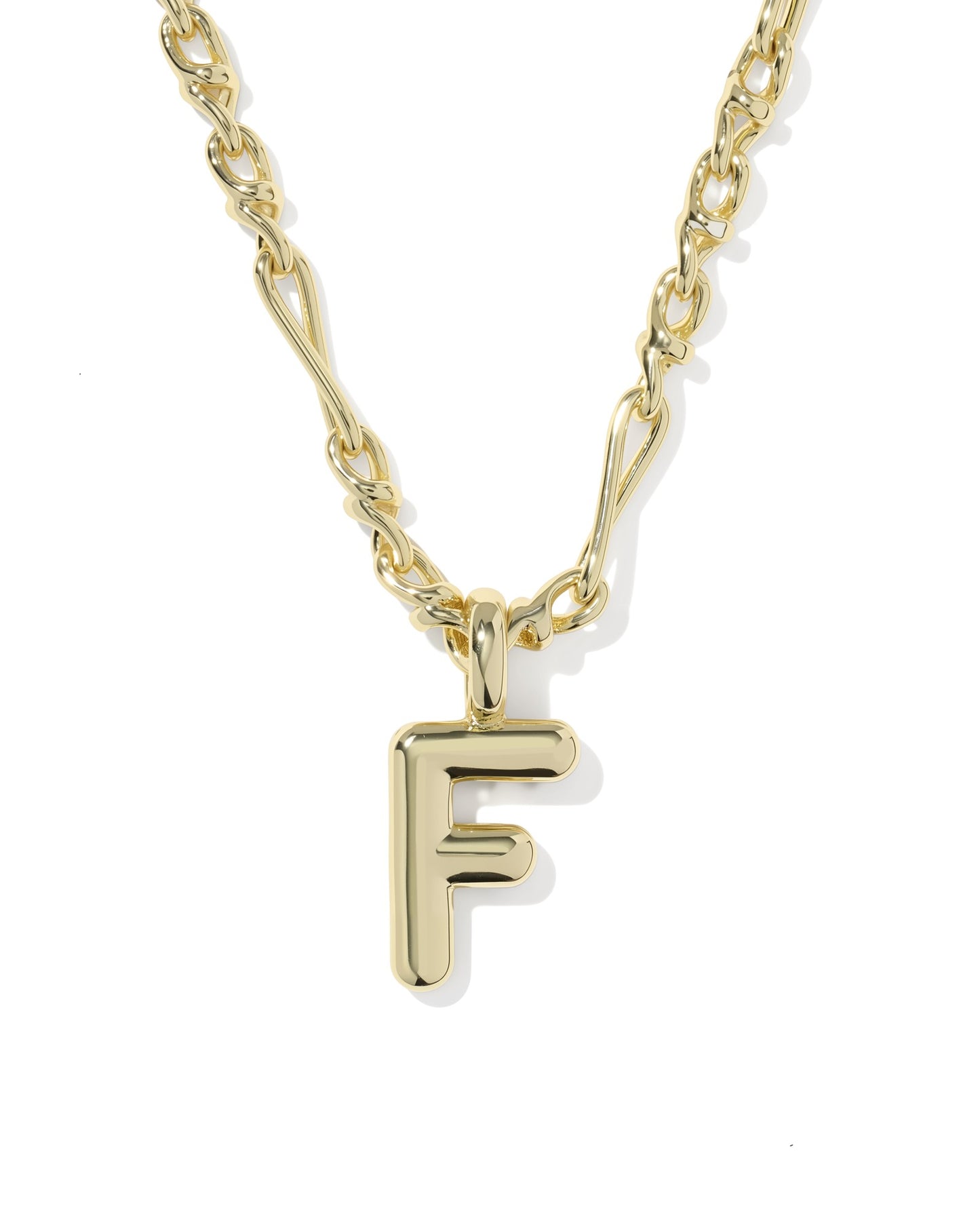 Gold necklace with a 'F' pendant on a white background
