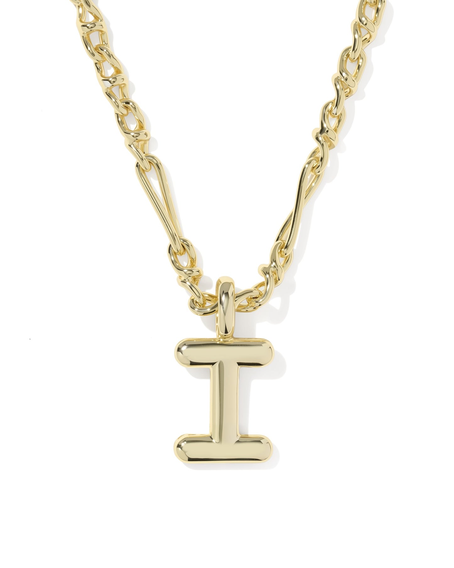 Gold necklace with a letter 'I' pendant on a white background