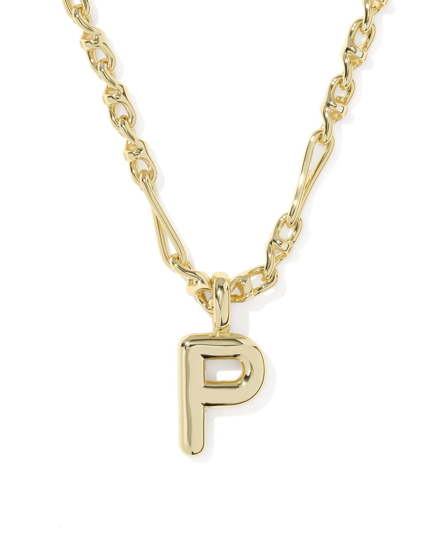 Gold necklace with a 'P' pendant on a white background
