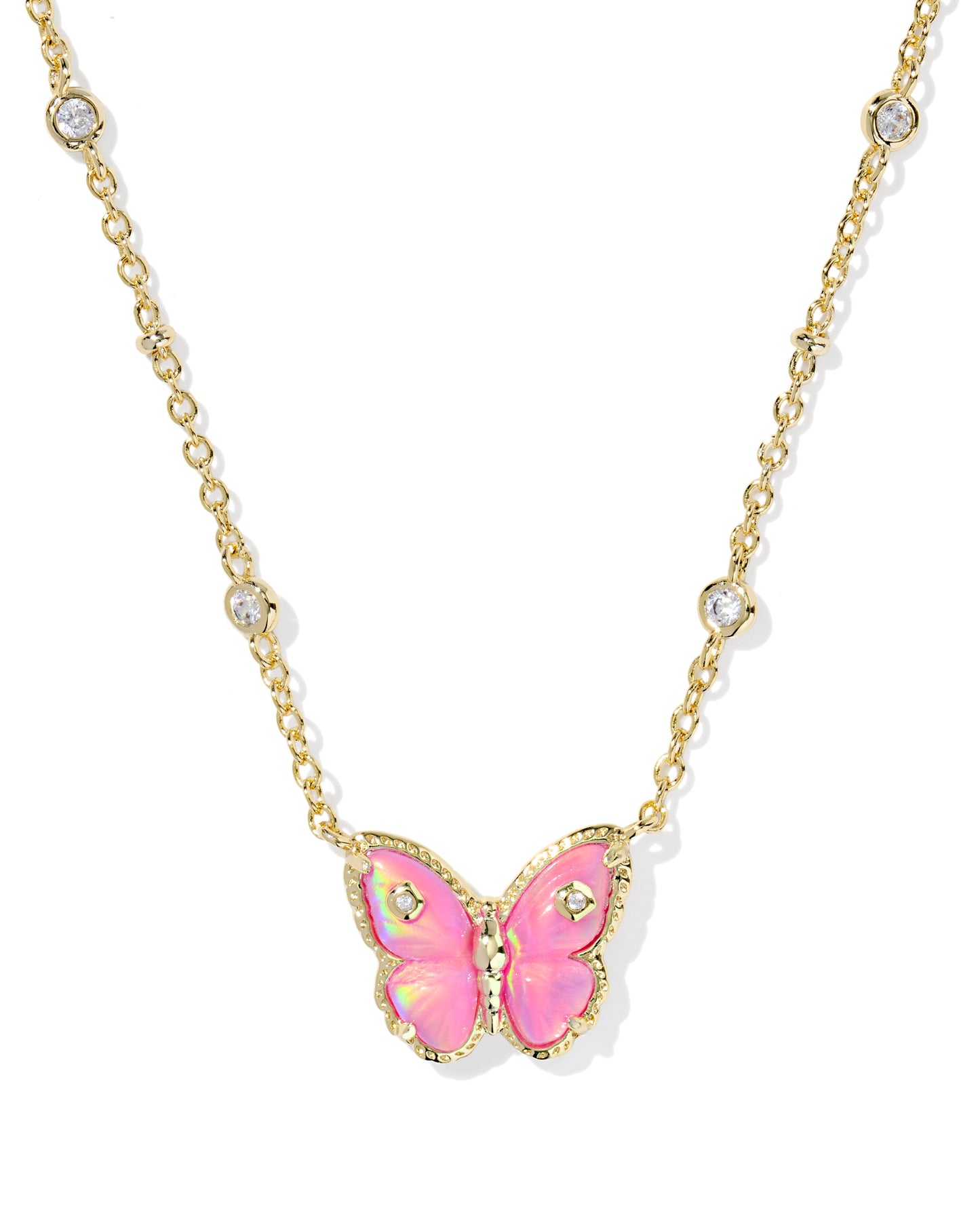 KENDRA SCOTT Cailey Gold Butterfly Short Pendant Necklace in Pink Opalescent Resin