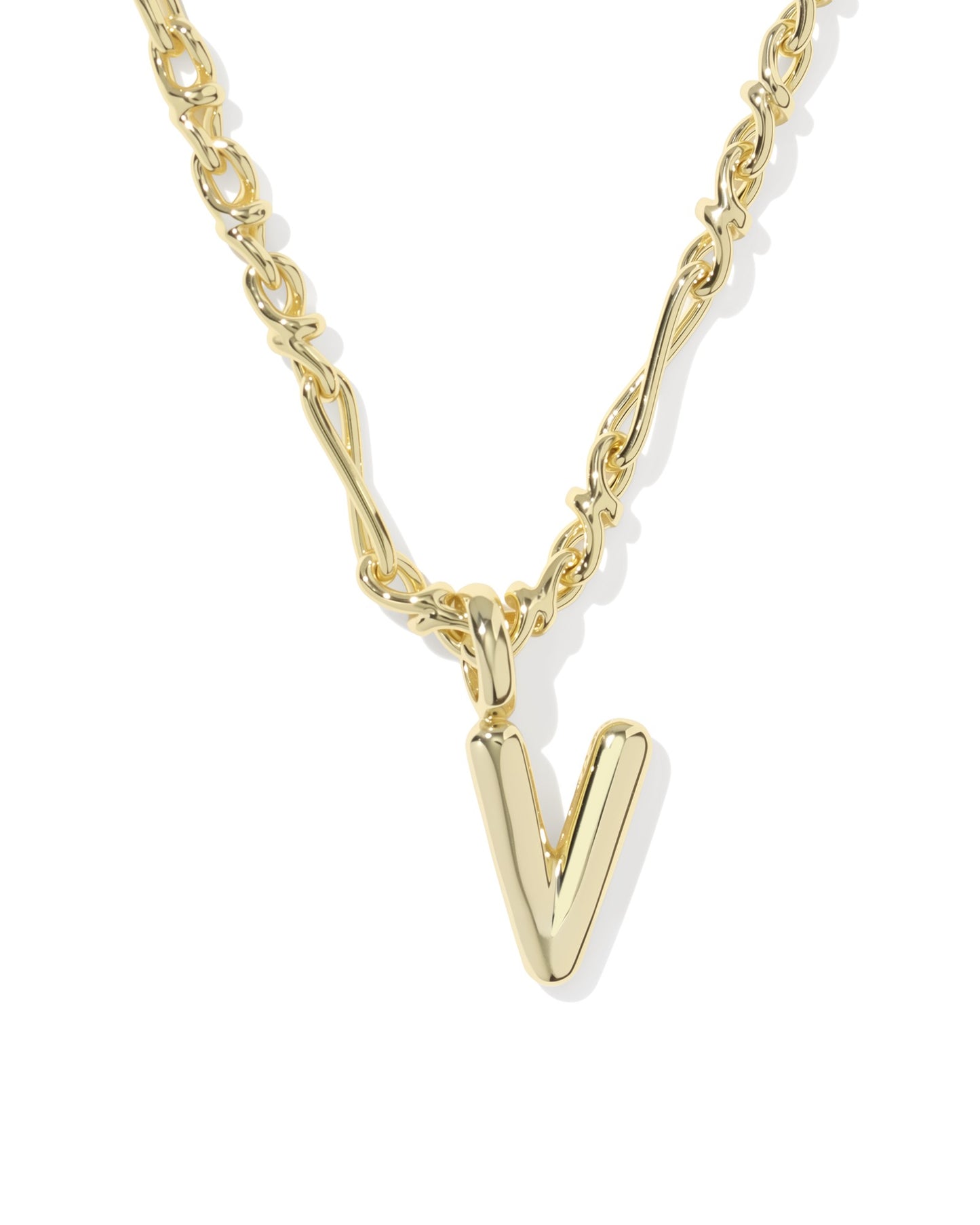 Gold necklace with a V-shaped pendant on a white background