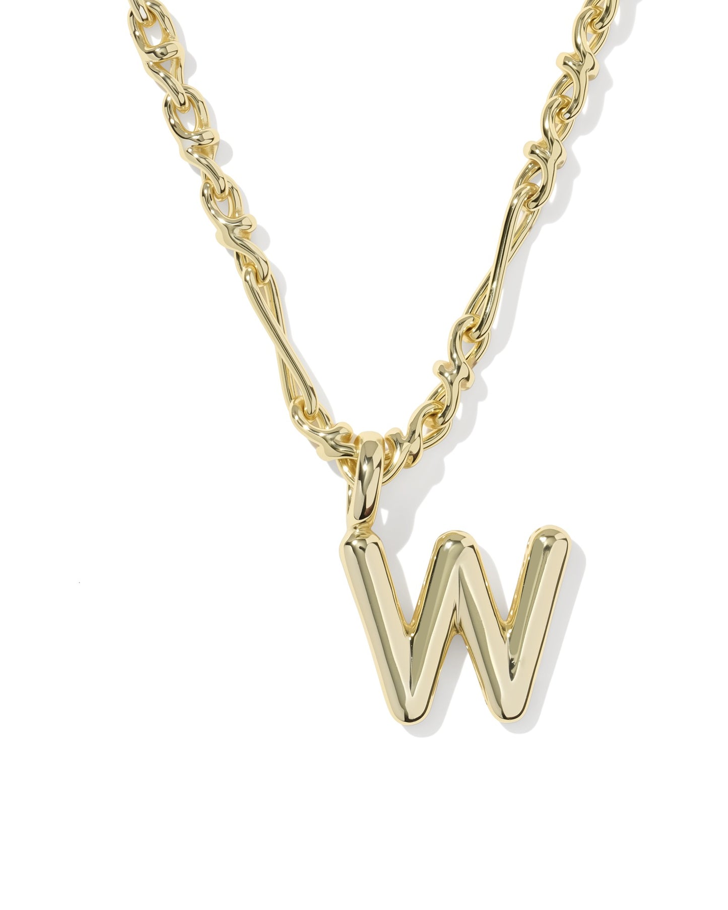 Gold necklace with a 'W' pendant on a white background