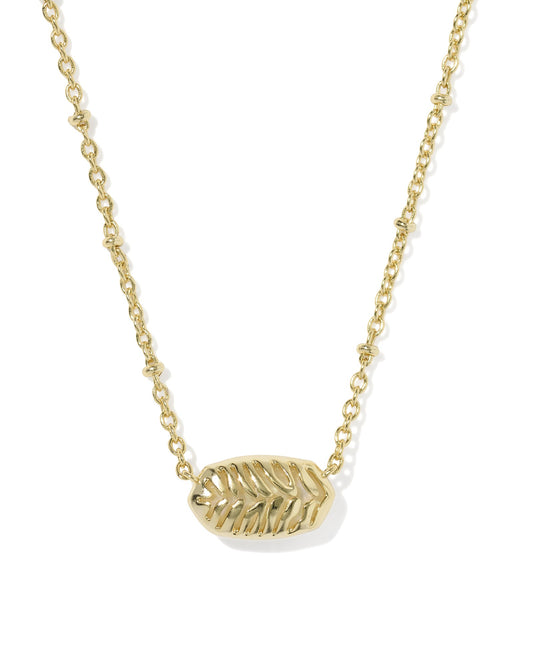 Gold necklace with a leaf-shaped pendant on a white background