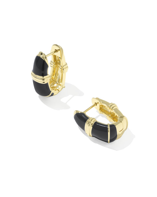 Gold Enamel Huggie Earrings in Black Enamel