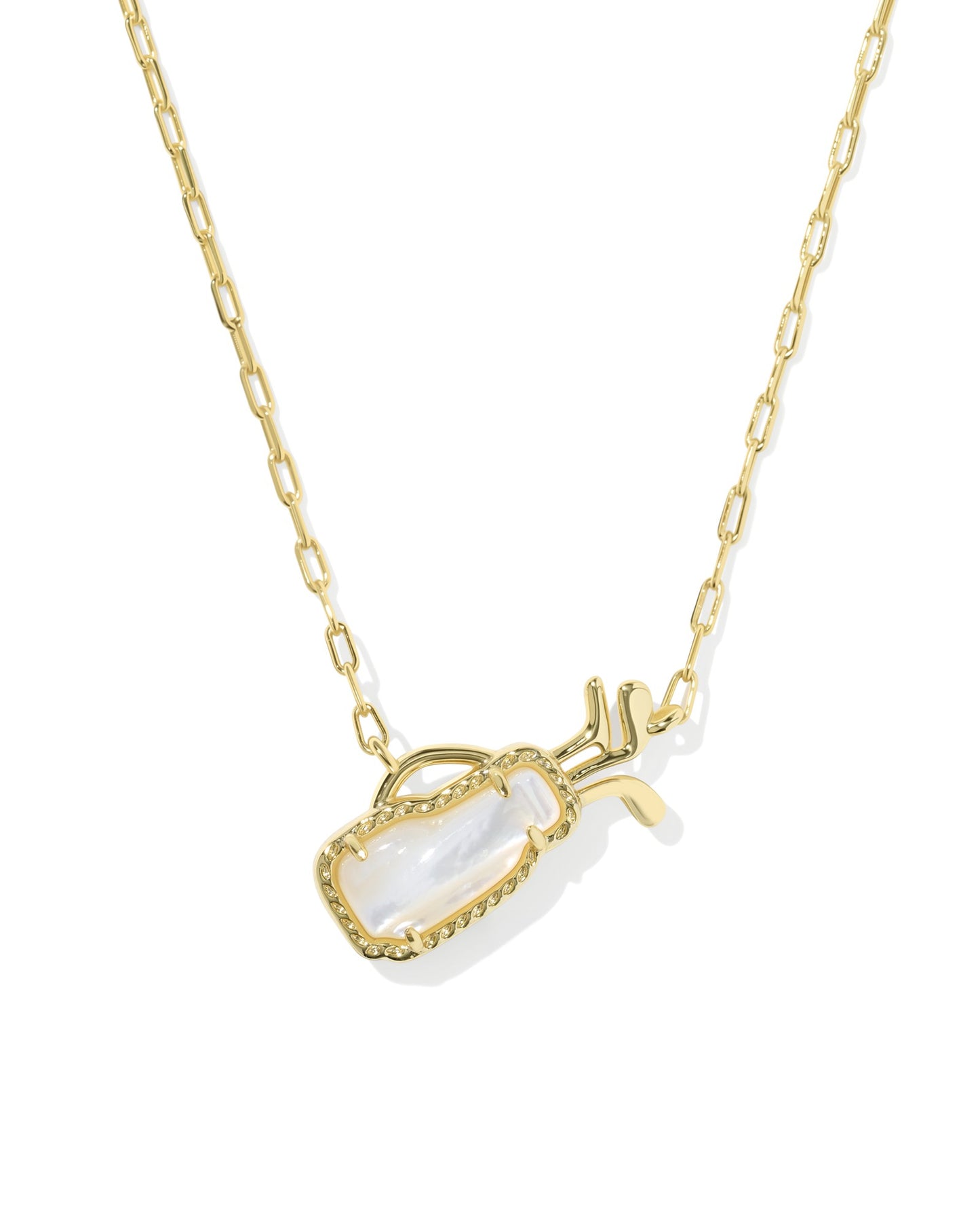 Gold Kendra Scott Golf bag necklace pendant on a white background